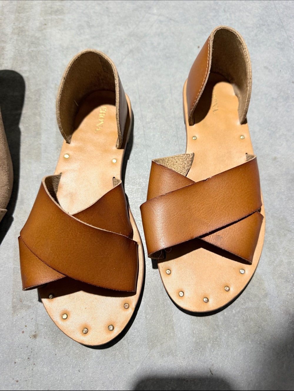 Women's Tan Leather Crisscross Slide Sandals
